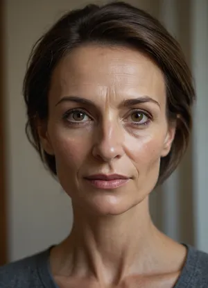 masterpiece, best quality, photorealistic, ultra-detailed portrait of a 70-year-old French woman, naturally attractive mature woman, (very thin face, extremely fine bone structure, prominent cheekbones, visible cheekbones creating strong facial definition, slightly hollow cheeks, subtle visibility of facial bones beneath the skin, narrow jawline, delicate chin, slender neck, thin nose), realistic signs of aging, crow's feet, fine wrinkles around the eyes and mouth, light forehead lines, natural skin texture, visible pores, unretouched skin, authentic aging, expressive brown eyes, intelligent and thoughtful gaze, warm and approachable expression, understated elegance, medium-length dark chestnut hair with scattered silver and gray strands, slightly neglected everyday hairstyle, simple haircut, natural gray regrowth, minimal makeup, ordinary French homemaker, middle-class lifestyle aesthetic, discreet femininity, relatable beauty, attractive despite imperfections, quiet confidence, lived-in face, gentle smile, realistic facial asymmetry, documentary-style photography, soft natural window light, cinematic realism, shallow depth of field, 85mm lens, highly detailed eyes, realistic skin rendering, natural color grading, authentic mature beauty, subtle charisma, everyday attractiveness, believable human face, gaunt face, pronounced zygomatic bones, sculpted cheekbones, visible facial structure, narrow facial contours, delicate bone anatomy, mature elegance, authentic French woman, natural aging, understated sensuality, quiet charm, soulful eyes, character-rich face, emotional depth, unfiltered realism, <lora:Older_woman_v4-000002:.8>