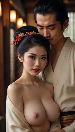 In the style of FX original series Shogun, Man and woman embracing, candle lit, dim, golden light, Cinematic still of a elegant 19+year-old geisha pressing her breasts against an older samurai's bare chest, makeup, elegant, glamorous, slutty, escort, smiling, Japanese with freckles, Asian prostitute, in an ancient Japanese pagoda, puffy areolas, long nipples, skinny, large breasts, cute, adorable, kawaii, flashing neighbor, cheating slut, hotwife, but, <lora:BUT_SDXL_SHS:.8>, handslora, <lora:Hands:.8>