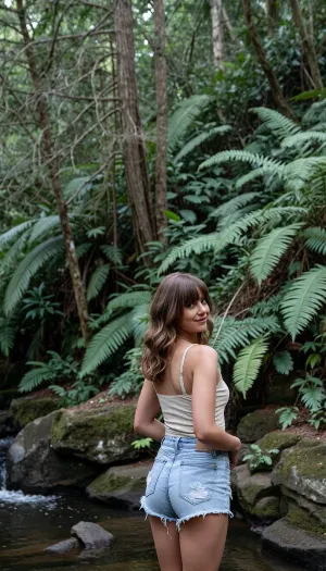 The image captures a mature woman posing in a lush, green forest environment, likely near a river or stream. She is positioned in the foreground, facing away from the camera but looking Straight with a slight smile. Her hair is wavy medium-length, styled with gentle waves, and she has bangs. She is wearing a micro tank top with thin straps and light blue denim micro torn short with a distressed hem. The background is dominated by dense vegetation. Tall trees. Various types of ferns and other leafy plants cover the ground and the rocky embankment. The overall color palette is rich with greens, browns, and grays. The composition places the woman slightly off-center to the right, with the natural landscape filling the rest of the frame. The focus is primarily on the woman and her immediate surroundings, with the depth of the forest receding into the background. The lighting suggests it might be daytime, possibly late morning or afternoon, with dappled light creating a natural and slightly diffused atmosphere. The texture of the rocks, the roughness of the tree bark, and the softness of the foliage are all subtly conveyed, contributing to the organic feel of the image.