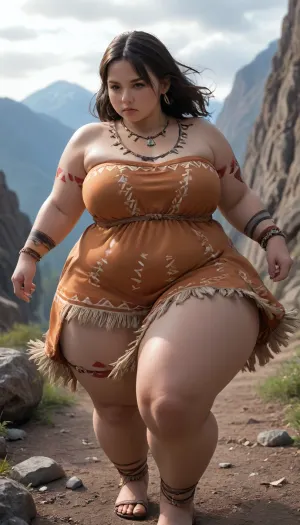 Gigantic fat wide expansive hips, (chubby:1.4), (plump:1.8), thick fat thighs, tribal tattoos, mountain, (wearing tribal dress:1.4), action shot, chunky