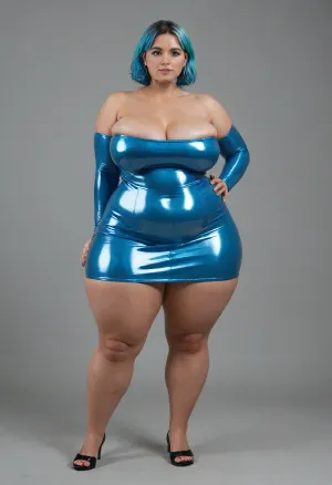 very tall ssbbw obese pawg, huge hips, huge thighs, very thin waist, ((extremely saggy east west brests)), short blue coloured hair, wearing a full body latex colbalt blu bodycon dress