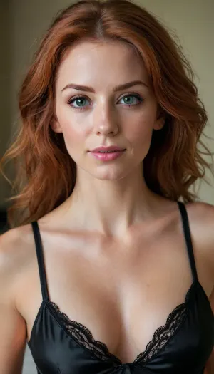 woman, ((25yo fitness model)), redhead hair, ((skinny face)), ((long messy after sex hair frames her face)), tousled hair, green eyes, skinny, perfect body, perfect breasts, pov, looking up at viewer, eye contact, (detailed face:1.3), (wearing a black silk nightie), messy hair, soft smile