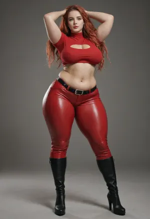 very tall bbw pawg, huge hips, huge thighs, ((extra long saggy east west type brests)), very long straight red coloured hair, wearing leather chaps wearing a very short red tight crop top