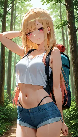 marin_kitagawa from sono_bisque_wa_doll, small breasts, bare breasts, hiking alone in forest, wearing short shorts and tank top, visible high waist thong panties, peaceful happy expression, anime style, detailed shading, <lora:add-detail-xl:1.2>, <lora:attractive_notrigger:1.2>, <lora:detailed_notrigger:1.2>, <lora:LCMTurboMix_Euler_A_fix:1.2>