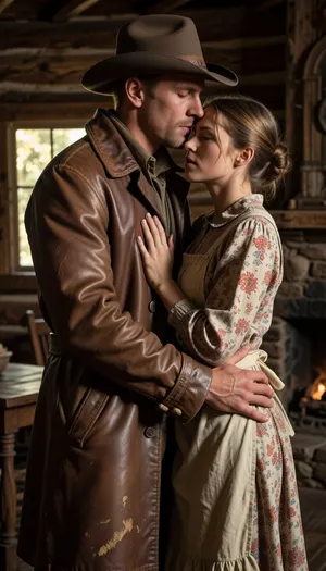 A hyperrealistic, cinematic photograph captures a touching scene from the Old West. A close-up highlights a weathered pioneer returning home and tenderly embracing his pioneer wife in front of their rustic wooden cabin. The man wears a classic cowboy hat, tilted backward, and an authentic brown leather coat, heavily weathered. This iconic coat of the American West is distinguished by its wide, imposing collar, the realistic texture of the leather smoothed by trail dust, and its button closure from chest to hem, creating a classic Western silhouette that covers his entire waist and hips beneath the thick fabric. His strong arms embrace him tenderly. His wife, her hair pulled back in a simple bun typical of the era, wears a long-sleeved calico pioneer dress and a cotton apron. Her hands, resting delicately on her chest, are rendered with perfect anatomical precision, revealing smooth skin, slender, well-defined fingers, and highly detailed nails, without any distortion or aesthetic imperfection. The shot focuses on their sincere expressions of relief and love, their faces pressed together, capturing the authentic texture of her sun-weathered skin and the softness of her complexion. The long leather coat completely conceals her waist, giving her a peaceful, unarmed, civilian appearance. In the background, we glimpse the warm, dim interior of the log cabin, bathed in a golden, crystalline light filtering through a small window, revealing a simple wooden table and a stone hearth in a soft, artistic blur. High-contrast cinematic lighting, shallow depth of field, warm color palette, shot with a 50mm lens, photorealistic rendering, 8K resolution, masterful composition, emotional depth.