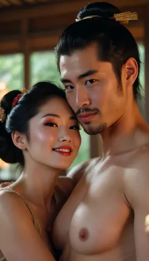 Man and woman embracing, candle lit, dim, golden light, Cinematic still of a elegant 19+year-old geisha pressing her breasts against an older samurai's bare chest, makeup, elegant, glamorous, slutty, escort, smiling, Japanese with freckles, Asian prostitute, in an ancient Japanese pagoda, puffy areolas, long nipples, skinny, large breasts, cute, adorable, kawaii, flashing neighbor, cheating slut, hotwife, but, <lora:BUT_SDXL_SHS:.8>, handslora, <lora:Hands:.8>