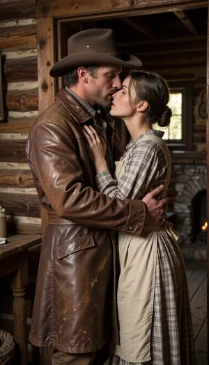 A cinematic, hyper-realistic photography capturing a heartwarming, emotional "Wild Wild West" scene. Close-medium framing focusing on a weathered pioneer man returning home, tenderly embracing his beautiful pioneer wife just inside the doorway of their rustic wooden cabin. The man, dusty from the trail, wears a classic rugged cowboy hat tilted back and an authentic, heavily weathered brown leather duster overcoat. This iconic frontier coat features a wide statement collar, realistic leather grain texture patinated with trail dust, and is completely buttoned up from the chest down, creating a classic Western silhouette that entirely covers his waist and hips under the heavy leather fabric. His strong arms are wrapped protectively around her. His wife, with her hair tied up in a simple period-accurate bun, wears a modest, long-sleeved calico pioneer dress with a cotton apron. Her hands, resting gently on his shoulders, are masterfully rendered with perfect anatomical precision, showcasing smooth skin, beautifully shaped delicate fingers, and highly detailed fingernails, completely free of any distortion or aesthetic flaws. The focus is tight on their genuine expressions of relief and love, their faces pressed close together, capturing the authentic texture of his sun-weathered skin and her soft complexion. The long leather coat completely conceals his entire waistline. The background shows the warm, dim interior of the log cabin, with crystal-clear golden sunlight streaming through a small window, illuminating the space and revealing a simple wooden table and a stone hearth in a soft bokeh. High-contrast cinematic lighting, shallow depth of field, warm color palette, captured on 50mm lens, photorealistic, 8k, masterfully composed, emotional depth.