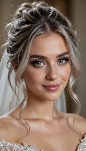 (masterpiece, best quality, 8k, Raw photography:1.2), (award-winning:1.1), (high fashion aesthetic, avant-garde portfolio photoshoot:1.4), (focus on eyes, elegant wedding gown, immaculate makeup:1.8), (loving Girl, hyper feminine features, joy, celebration, adoring gaze, soft contented smile:1.5), high cheekbones, cute upturned nose, upturned upper lip, Freckles, (sense of intimacy:1.4), (intricate eye details:1.6), (warm eyes, captivating eyes:1.6), (long delicate eyelashes:1.5), (smokey makeup, intense makeup:1.4), (textured ash blonde hair with dark highlights, intricate and elaborate hair style:1.4), (shallow depth of field, professional color grading:1.6), (softly blurred background:1.3), (warm natural light, hair glow lighting), (natural skin texture:1.6), (realistic skin details:1.5), (intricately detailed hair:1.5), (expressive detailed eyes:1.6), (visible limbal ring:1.5), (detailed iris texture:1.5), (natural hair texture:1.4), (realistic eye texture:1.5), subtle vellus hairs, ziprealism