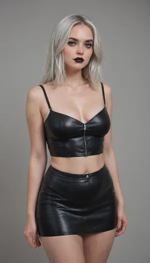 Beautiful chubby goth girl, pale skin, blue eyes, silver hair, Black lipstick, leather mini skirt