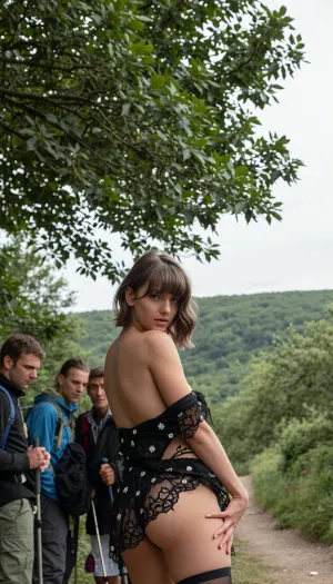 A full body shot is taken of a androgyne woman standing outdoors. She is positioned in the center of the frame, with her body in front of camera. her head turned towards the camera. She has a stuborn look, with her eyes looking directly at the viewer. Her short hair is light brown wavy hair With bangs and pulled up loosely. She is wearing a revealing black outfit with intricate cut-out patterns, adorned with small, shimmering embellishments that catch the light. Her outfit reveals side of her body. The fabric appears to be a delicate lace or net. Her hands have Dynamic pose in front of her.

3 hike men ready for a long hike are standing next to her. They are looking at her. They want to Fuck her and ejaculate in her Pussy.

The background is a lush, green landscape with rolling hills. In the immediate foreground, to the left, is the branch of a large tree with abundant green leaves, partially obscuring the upper left portion of the image. To the right, a dirt path winds upwards. The sky is overcast with a pale grey hue, suggesting a cloudy day. The colors in the image are predominantly natural greens and browns of the landscape, contrasted with the dark black of the woman's attire and the pale, muted tones of the sky. The composition places the woman as the clear focal point, with the natural environment serving as a soft, diffused backdrop. The lighting is even, with no harsh shadows, contributing to the overall soft and inviting feel of the image.