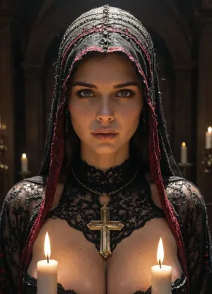 Model, Porcelain white skin with lips painted in deep crimson, long black hair parted in the middle with a sheer lace veil over her head, metallic gray eyes. Monumental silhouette with gigantic, heavy breasts. Attire, A scarlet velvet robe thrown back, completely open, around her neck, a massive cross of aged gold studded with rubies rests heavily in the deep valley of her bust. Details, Seated inside a dark carved wooden confessional. The dim, golden light of a candle shines through the wooden grate, casting dramatic geometric shadows on the immensity of her sweaty, gigantic breasts. Focus on the pressure of the metal cross against her bare skin.