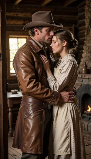 A cinematic, hyper-realistic photography capturing a heartwarming, emotional "Wild Wild West" scene. Close-medium framing focusing on a weathered pioneer man returning home, tenderly embracing his beautiful pioneer wife just inside the doorway of their rustic wooden cabin. The man, dusty from the trail, wears a classic rugged cowboy hat tilted back and an authentic, heavily weathered brown leather duster overcoat. This iconic frontier coat features a wide statement collar, realistic leather grain texture patinated with trail dust, and is completely buttoned up from the chest down, creating a classic Western silhouette that entirely covers his waist and hips under the heavy leather fabric. His strong arms are wrapped protectively around her. His wife, with her hair tied up in a simple period-accurate bun, wears a modest, long-sleeved calico pioneer dress with a cotton apron. Her hands, resting gently on his shoulders, are masterfully rendered with perfect anatomical precision, showcasing smooth skin, beautifully shaped delicate fingers, and highly detailed fingernails, completely free of any distortion or aesthetic flaws. The focus is tight on their genuine expressions of relief and love, their faces pressed close together, capturing the authentic texture of his sun-weathered skin and her soft complexion. The long leather coat completely conceals his entire waistline, ensuring a peaceful, weapon-free civilian attire. The background shows the warm, dim interior of the log cabin, with crystal-clear golden sunlight streaming through a small window, illuminating the space and revealing a simple wooden table and a stone hearth in a soft bokeh. High-contrast cinematic lighting, shallow depth of field, warm color palette, captured on 50mm lens, photorealistic, 8k, masterfully composed, emotional depth.