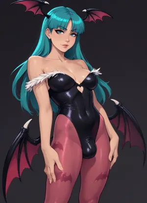 (owler meets melkor mancin style), reiq style, masterpiece, (morrigan aensland, teal hair, futanari, cock bulge), solo, simple background, <lora:lineartSDXL:.8>, <lora:mk_Bp Anime_xl:.8>
