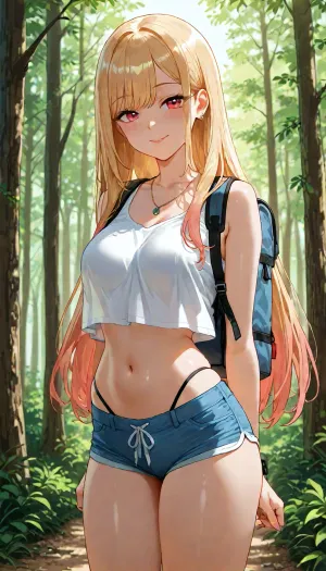 marin_kitagawa from sono_bisque_wa_doll, small breasts, bare breasts, hiking alone in forest, wearing short shorts and tank top, visible high waist thong panties, peaceful happy expression, anime style, detailed shading, <lora:add-detail-xl:1.2>, <lora:attractive_notrigger:1.2>, <lora:detailed_notrigger:1.2>, <lora:LCMTurboMix_Euler_A_fix:1.2>
