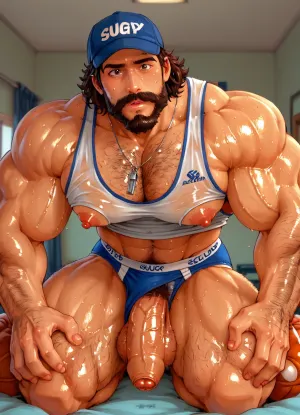 coach, coach's whistle, coach tank-top, cap, brown hair, bushy full beard, moustache, (briefs:1.5), stain on brief, (highly detailed muscular coach:1.2), (hyper muscular body:1.1), (thick pulpy body:1.2), (hips size:1.3), (nipples:1.3), (huge pecs:1.3), (veiny body:1.3), Hairy pits. incredibly hairy body, thick chest hair, (incredibly hairy, thick chest hair pattern:1.3), (huge hands:1.2), huge fingers, (huge cocks:1.3), (foreskin:1.6), heavy balls, (oiled skin:1.3), (sweating:1.5), hdr, (strong lines:1.3), (scary:1.3), (squeezable:.9), (cutesexyrobutts:.5), (beitemian:1.1), (Bartolomeobari:.95), dynamic angle, three-quarter view, (messy bedroom), coach riding big cock, muscle male fucking coach, (gay fit male sex:1.3), anal sex, stretching anus, (Spitroast Fuck:1.3), heart, sex, Kyorz art 1.2, Simple line art 1.4, bold line, 1.2, 1990s japanese anime art 1.5, blowjob, deepthroat sucking dick