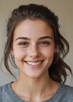 front facing Portrait. 18 year old brunette. loose hair, (messy hair:.8), Hair brushed back. Long hair. Square shaped face. marked jawline., (freckles:.2), Grey top. Smiling. Happy.