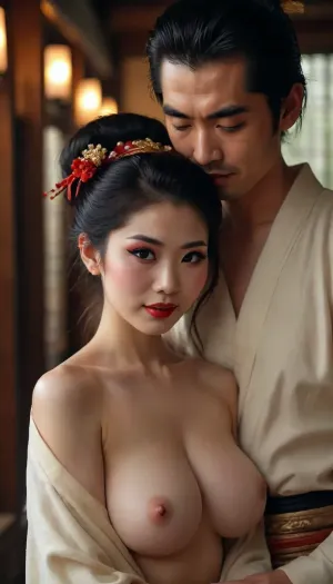 In the style of FX original series Shogun, Man and woman embracing, candle lit, dim, golden light, Cinematic still of a elegant 19+year-old geisha pressing her breasts against an older samurai's bare chest, makeup, elegant, glamorous, slutty, escort, smiling, Japanese with freckles, Asian prostitute, in an ancient Japanese pagoda, puffy areolas, long nipples, skinny, large breasts, cute, adorable, kawaii, flashing neighbor, cheating slut, hotwife, but, <lora:BUT_SDXL_SHS:.8>, handslora, <lora:Hands:.8>
