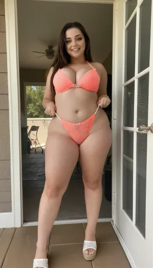 Highly detailed photo, realistic, 4k, high details, American house wife, random pose, brunette, average body, natural lighting, textured skin, curvy body, belly pudge, medium breasts, thick legs, sun tanning, body oil, standing in a doorway, micro bikini, braces, teeth, detailxl, woman, bikini, underwear, Lace, <lora:braces-sdxl:.8>, <lora:xyzgirl-000002:.2>, <lora:Bikini_02_lora:.4>