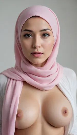 4k, soft light, masterpiece, best quality, highres, intense lighting, shallow depth of field, extremely detailed face, soft pink hiijab, scarf, undercap, nude upper body, (sagging breasts, nipples:1.26), beautiful, fair skin, glowing skin, standing, shot from above, forced perspective, white background, simple background, in the style of Kazuo Koike