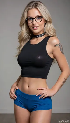 (Sexy Tempting woman), Professional sexy seduction poses, supermodel, perfect lighting, ultra realistic, 8k resolution, ultra detailed, instagram model, professional photography, luxurious ash blond hair, Blue eyes, wavy low hair, (Sexy tattoo), choker, Exquisite jewelry, belly button ring, (Cropped Tank Top), (Workout dolphin shorts), rounded glasses, natural full breasts, nordic, Sweet smile, flirty, bashful, seductive, lusty, playful, Healthy slim body, Tall, very long legs, hourglass figure, Sweet face, perfect face, lifelike face, real face, very beautiful face, detailed face
