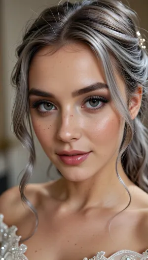 (masterpiece, best quality, 8k, Raw photography:1.2), (award-winning:1.1), (high fashion aesthetic, avant-garde portfolio photoshoot:1.4), (focus on eyes, elegant wedding gown, immaculate makeup:1.8), (loving Girl, hyper feminine features, joy, celebration, adoring gaze, soft contented smile:1.5), high cheekbones, cute upturned nose, upturned upper lip, glossy lips, Freckles, (sense of intimacy:1.4), (intricate eye details:1.6), (warm eyes, captivating eyes:1.6), (long delicate eyelashes:1.5), (smokey makeup, intense makeup:1.4), (textured ash blonde hair with dark highlights, intricate and elaborate hair style:1.4), (shallow depth of field, professional color grading:1.6), (softly blurred background:1.3), (warm natural light, hair glow lighting), (natural skin texture:1.6), (realistic skin details:1.5), (intricately detailed hair:1.5), (expressive detailed eyes:1.6), (visible limbal ring:1.5), (detailed iris texture:1.5), (natural hair texture:1.4), (realistic eye texture:1.5), subtle vellus hairs, ziprealism