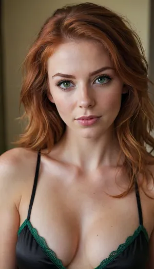 woman, ((25yo fitness model)), redhead hair, ((skinny face)), ((long messy after sex hair frames her face)), tousled hair, green eyes, skinny, perfect body, perfect breasts, pov, looking up at viewer, eye contact, (detailed face:1.3), (wearing a black silk nightie), messy hair, soft smile