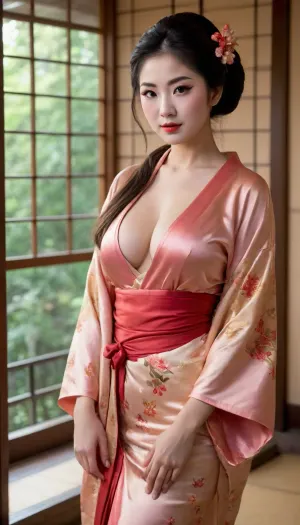 solo, 3/4 body view, photorealistic, 18-year-old, beautiful, young, (((Japanese geisha))), female, long brunette hair, (((tight large breasts))), (untrimmed bushy pubic hair:1.6), posing in a seductive way, (((long silk kimono))), Japanese tea house, warm lighting