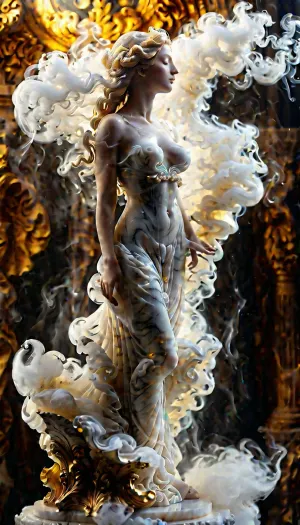 (masterpiece, best quality, ultra-detailed, cinematic lighting, 8k), upper body shot, (Ethereal marble Venus sculpture made of fog:1.2), stretching, myst, dissolved silhouette, curving hips and draped hair made of fog, translucent particles glowing with dawn light, volumetric atmosphere, detailed marble texture, artistic macro photography, shallow depth of field, minimalist composition, (pale gold and pearl color palette), dark ancient museum background, chiaroscuro, (sculpture made of fog:1.3), in the style of MarbleStatueXL, msfg, sm0k3dr3ss, <lora:fog_creatures_v4:.8>, <lora:Smoke_Shesh_Dress_XL:.8>, <lora:MJ52:.8>, <lora:MarbleStatueXL:.8>
