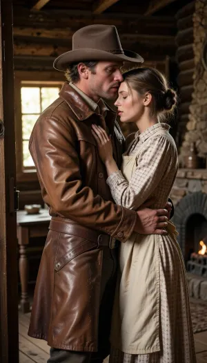 A cinematic, hyper-realistic photography capturing a heartwarming, emotional "Wild Wild West" scene. Close-medium framing focusing on a weathered pioneer man returning home, tenderly embracing his beautiful pioneer wife just inside the doorway of their rustic wooden cabin. The man, dusty from the trail, wears a classic rugged cowboy hat tilted back and an authentic, heavily weathered brown leather duster overcoat. This iconic frontier coat features a wide statement collar, realistic leather grain texture patinated with trail dust, and is completely buttoned up from the chest down, creating a classic Western silhouette that entirely covers his waist and hips under the heavy leather fabric. His strong arms are wrapped protectively around her. His wife, with her hair tied up in a simple period-accurate bun, wears a modest, long-sleeved calico pioneer dress with a cotton apron. Her hands, resting gently on his shoulders, are masterfully rendered with perfect anatomical precision, showcasing smooth skin, beautifully shaped delicate fingers, and highly detailed fingernails, completely free of any distortion or aesthetic flaws. The focus is tight on their genuine expressions of relief and love, their faces pressed close together, capturing the authentic texture of his sun-weathered skin and her soft complexion. The long leather coat completely conceals his entire waistline, ensuring a peaceful, weapon-free civilian attire. The background shows the warm, dim interior of the log cabin, with crystal-clear golden sunlight streaming through a small window, illuminating the space and revealing a simple wooden table and a stone hearth in a soft bokeh. High-contrast cinematic lighting, shallow depth of field, warm color palette, captured on 50mm lens, photorealistic, 8k, masterfully composed, emotional depth.