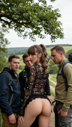 A full body shot is taken of a androgyne woman teasing a group of men outdoors. She is positioned in the center of the 3 men, with her ass in front of camera. her head turned towards the camera. She has a stuborn look, with her eyes looking directly at the viewer. Her short hair is light brown wavy hair With bangs and pulled up loosely., (Androgyne body shape:2), (long thin legs:2), (flat ass:1), slightly light skin. She is wearing a revealing black outfit with intricate cut-out patterns, adorned with small, shimmering embellishments that catch the light. Her outfit reveals side of her body. The fabric appears to be a delicate lace or net. Her hands have Dynamic pose in front of her.

3 hike men ready for a long hike are standing next to her. They are looking at her. They want to Fuck her and ejaculate in her Pussy.

The background is a lush, green landscape with rolling hills. In the immediate foreground, to the left, is the branch of a large tree with abundant green leaves, partially obscuring the upper left portion of the image. To the right, a dirt path winds upwards. The sky is overcast with a pale grey hue, suggesting a cloudy day. The colors in the image are predominantly natural greens and browns of the landscape, contrasted with the dark black of the woman's attire and the pale, muted tones of the sky. The composition places the woman as the clear focal point, with the natural environment serving as a soft, diffused backdrop. The lighting is even, with no harsh shadows, contributing to the overall soft and inviting feel of the image.