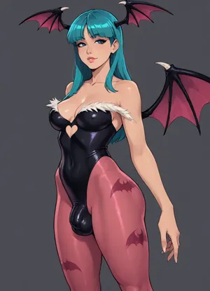 (owler meets melkor mancin style), reiq style, masterpiece, (morrigan aensland, teal hair, futanari, cock bulge), solo, simple background, <lora:lineartSDXL:.8>, <lora:mk_Bp Anime_xl:.8>