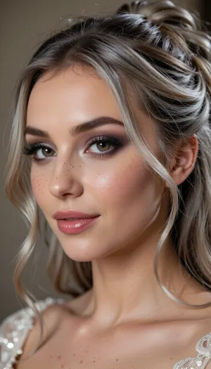 (masterpiece, best quality, 8k, Raw photography:1.2), (award-winning:1.1), (high fashion aesthetic, avant-garde portfolio photoshoot:1.4), (focus on eyes, elegant wedding gown, immaculate makeup:1.8), (loving Girl, hyper feminine features, joy, celebration, adoring gaze, soft contented smile:1.5), high cheekbones, cute upturned nose, upturned upper lip, (glossy lips:1.6), Freckles, (sense of intimacy:1.4), (intricate eye details:1.6), (warm eyes, captivating eyes:1.6), (long delicate eyelashes:1.5), (smokey makeup, intense makeup:1.4), (textured ash blonde hair with dark highlights, intricate and elaborate hair style:1.4), (shallow depth of field, professional color grading:1.6), (softly blurred background:1.3), (warm natural light, hair glow lighting), (natural skin texture:1.6), (realistic skin details:1.5), (intricately detailed hair:1.5), (expressive detailed eyes:1.6), (visible limbal ring:1.5), (detailed iris texture:1.5), (natural hair texture:1.4), (realistic eye texture:1.5), subtle vellus hairs, ziprealism