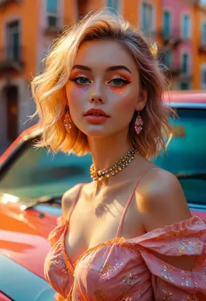(Dark Fantasy Artwork), side-lit. low-angle, 90s aesthetic PopArt illutration, a shy belle woman, she has a pretty shy faded face, elaborate hairstyle, detailed crystal eyes, light glowing irises, heartshaped lips, lip gloss, aroused skin, pastel buildings, retro car, pastel colors, vibrant colors, pink sunglasses, choker, orange short dress, pink high heel boots, fashionable, posing, confident expression, colorful, fashion shoot, fashion model, sunny weather, long shadows, vibrant mood, detailed photo, photorealistic photo, distorted perspective, night vision, soft fokus, double exposure, parallax, handsign to viewer. /KlTTY-ART/, <lora:COMFYUI_mimic_landscape_-_XL_SDXL v2.0:.7>, <lora:attractive_notrigger:.8>, <lora:PerfectEyesXL:.6>, <lora:MJ52:1>