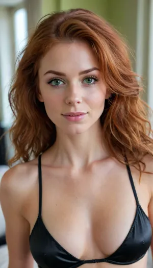 woman, ((25yo fitness model)), redhead hair, ((skinny face)), ((long messy after sex hair frames her face)), tousled hair, green eyes, skinny, perfect body, perfect breasts, pov, looking up at viewer, eye contact, (detailed face:1.3), (wearing a black silk nightie), messy hair, soft smile