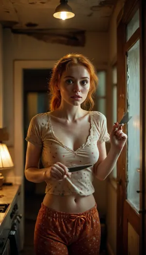 View through a window from outside, a cute, mousy 29-year-old ginger woman can be seen inside the house brandishing a knife, She is curvaceous with wide hips, large breasts, and a skinny waist. Her shocked expression is dorky and adorable as she wears pajamas. With her hand in her pants, she appears surprised in the nighttime setting, illuminated by warm, golden lamp light. Her symmetrical eyes, perfect teeth, and sexy mouth create an alluring look., horror, scene, dark, glowing, eyes, knife, rooms, girl, kitchen, gore, <lora:3cfdf102b8e09e99ae7eb77b194d9459:1>, <lora:MJ52:.1>