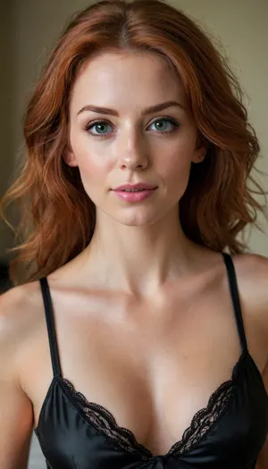 woman, ((25yo fitness model)), redhead hair, ((skinny face)), ((long messy after sex hair frames her face)), tousled hair, green eyes, skinny, perfect body, perfect breasts, pov, looking up at viewer, eye contact, (detailed face:1.3), (wearing a black silk nightie), messy hair, soft smile