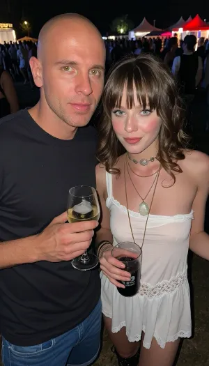 A couple poses for a candid photo at an outdoor festival, holding drinks. Nighttime. Flash photo .

The image is a close-up portrait of a couple at an outdoor event, likely a music festival given the background of a crowd and tents. The italian man in the foreground on the left is wearing a dark t-shirt, à blue short. He IS bald With round head, unshaved. He is holding a glasses of wine With ice cube. The woman With androgyne body on the right is looking directly at the camera. She has light brown, wavy hair With bangs and is wearing a seethrue micro loose white dress with lace trim . She has Small breasts. She is also wearing several layered necklaces, including one with a large, light-colored pendant. The background is slightly blurred, showing a large gathering of people, some with red tents or canopies visible. The overall atmosphere appears to be casual and festive, with a sense of fun and perhaps a touch of bohemian style in their attire. The lighting suggests it's nightime, possibly 3AM, with dark atmosphere.