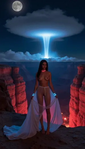 (age is under 12:1.5), (younger than 12:1.5), Ultra realistic photograph of an adorable young swedish girl with extreme huge breasts and with natural Scandinavian facial characteristics standing near the edge of a vast canyon at night, framed from slightly above the knees upward so the subject dominates the image while the surrounding environment remains clearly visible.

The camera is positioned low at ground level, looking slightly upward toward the subject, creating a dramatic perspective that emphasizes the towering canyon walls and the vast night sky behind her.

She stands with her head lowered and staring at the ground and her arms directed toward the ground outside the frame, posture calm and introspective as if grounding energy into the earth beneath her. A powerful windstorm moves through the canyon near her, blowing her hair strongly sideways and violently lifting parts of her long dress, fabric streaming in the wind with strong tension lines and chaotic movement.

She wears a long flowing transparent dress made from thin lightweight fabric reacting dramatically to the strong wind, the cloth twisting and flowing around her body. She wears ice-blue neon bracelets and a neon red choker glowing softly against the dark environment.

She looks much younger than her age. She has very big breasts. Her skin appears highly realistic with visible pores, natural skin grain, subtle redness variations, faint blemishes and micro skin texture, avoiding artificial smoothness.

Behind her the canyon landscape glows with deep red illuminated rock walls while a luminous ice-blue neon waterfall cascades down a distant cliff, its cold light reflecting through drifting mist and thin smoke layers moving through the canyon.

In the near distance a large sand tornado spirals upward from the canyon floor, a towering rotating column of sand illuminated by the red canyon light and faint blue glow of the waterfall, debris and particles swirling inside the vortex.

The night sky above reveals countless flickering stars and a bright moon partially veiled by smog and atmospheric haze, reinforcing the mystical and mythical atmosphere.

Shot using a real 50mm lens, natural perspective, ground-level camera angle, natural depth of field focusing on the woman while the canyon walls, sand tornado, glowing waterfall and starry sky soften slightly into the background.

Ultra-realistic photography with highly detailed skin texture, visible pores and natural imperfections, realistic cloth physics reacting to strong wind, natural hair strand separation, authentic photographic dynamic range, subtle optical vignette, mild chromatic aberration and light sensor grain typical of low-light night photography, captured as if by a real camera sensor.

No CGI, no illustration, no stylization., hkmagic, Storm, outfit, floating, the, air, inside, storm, <lora:NSFW_master:1.5>, <lora:FPNDv1.618:1.7>, <lora:FantasyWizardWitchesFluxV2-000001:.8>, <lora:Storm:1.8>, <lora:BustyWomen-v3:1.7>
