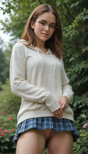 score_9, score_8_up, score_7_up, Scandinavian girl, 18 years, hot girl, sexy girl, fit girl, perfectly big round tits, beautiful brown eyes, small round face, thin nose, shoulder length hair, auburn hair, glasses, freckles, blushing, long hoodie, no pants, no skirt, standing, exposed pussy, bare pussy, (upskirt View), smiling, highly detailed, best quality, focus on her pussy, View from below, orgasm, In garden, beautiful natural lighting, natural photo, realistic image, high contrast