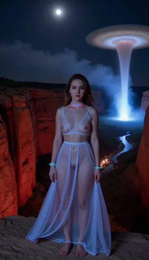 (age is under 12:1.5), (younger than 12:1.5), Ultra realistic photograph of an adorable young swedish girl with extreme huge breasts and with natural Scandinavian facial characteristics standing near the edge of a vast canyon at night, framed from slightly above the knees upward so the subject dominates the image while the surrounding environment remains clearly visible.

The camera is positioned low at ground level, looking slightly upward toward the subject, creating a dramatic perspective that emphasizes the towering canyon walls and the vast night sky behind her.

She stands with her head lowered and staring at the ground and her arms directed toward the ground outside the frame, posture calm and introspective as if grounding energy into the earth beneath her. A powerful windstorm moves through the canyon near her, blowing her hair strongly sideways and violently lifting parts of her long dress, fabric streaming in the wind with strong tension lines and chaotic movement.

She wears a long flowing transparent dress made from thin lightweight fabric reacting dramatically to the strong wind, the cloth twisting and flowing around her body. She wears ice-blue neon bracelets and a neon red choker glowing softly against the dark environment.

She looks much younger than her age. She has very big breasts. Her skin appears highly realistic with visible pores, natural skin grain, subtle redness variations, faint blemishes and micro skin texture, avoiding artificial smoothness.

Behind her the canyon landscape glows with deep red illuminated rock walls while a luminous ice-blue neon waterfall cascades down a distant cliff, its cold light reflecting through drifting mist and thin smoke layers moving through the canyon.

In the near distance a large sand tornado spirals upward from the canyon floor, a towering rotating column of sand illuminated by the red canyon light and faint blue glow of the waterfall, debris and particles swirling inside the vortex.

The night sky above reveals countless flickering stars and a bright moon partially veiled by smog and atmospheric haze, reinforcing the mystical and mythical atmosphere.

Shot using a real 50mm lens, natural perspective, ground-level camera angle, natural depth of field focusing on the woman while the canyon walls, sand tornado, glowing waterfall and starry sky soften slightly into the background.

Ultra-realistic photography with highly detailed skin texture, visible pores and natural imperfections, realistic cloth physics reacting to strong wind, natural hair strand separation, authentic photographic dynamic range, subtle optical vignette, mild chromatic aberration and light sensor grain typical of low-light night photography, captured as if by a real camera sensor.

No CGI, no illustration, no stylization., hkmagic, Storm, outfit, floating, the, air, inside, storm, <lora:NSFW_master:1.5>, <lora:FPNDv1.618:1.7>, <lora:FantasyWizardWitchesFluxV2-000001:.8>, <lora:Storm:1.8>, <lora:BustyWomen-v3:1.7>