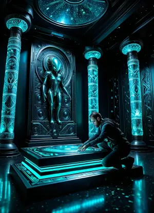 (Masterpiece:1.3), (Photorealistic:1.4), (Cinematic:1.3), ., (Astroarchaeologist:1.4), kneeling before a, (enormous and intricate alien holographic console:1.5), embedded in a wall of, (luminous etched obsidian:1.2), . The astroarchaeologist, (delicately touches glowing liquid metal glyphs:1.4), floating centimeters above the surface., (Ancient alien record room:1.3), with, (non-Euclidean geometry:1.2), and, (gigantic pillars of crystalline data:1.3), reaching into the shadows., (Bioluminescent turquoise energy:1.2), flowing through conduits in the floor., (Intense concentration:1.2), in the archaeologist's gloved hand and the, (reactivated alien technology:1.3), . Dramatic side lighting, (drift stardust:1.1), hyper-detailed mechanical parts, 8k, (Unreal Engine 5 style:1.2), macro detail, sharp focus.