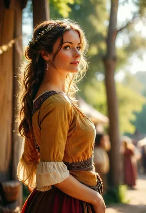 low-angle, 40 yo, belle woman, Medieval festival atmosphere, Sunlight casts shadows across her body, natural beauty, casual, summery, rustic, nature, /KlTTY-ART/, <lora:COMFYUI_mimic_landscape_-_XL_SDXL v2.0:.5>, <lora:attractive_notrigger:.5>, <lora:PerfectEyesXL:.1>, <lora:MJ52:1>
