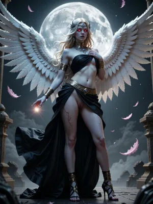 A divine angelic female figure with pale blue skin and long flowing blonde hair adorned with intricate silver jewelry and red glowing eyes. She wears a flowing, black Grecian-style gown with a golden belt and golden armbands. Her left hand is outstretched, glowing faintly, while her right hand is lifting up the front of the dress. Her unshaved blonde pubic hair and detailed labia lips are visible. She possesses large, feathered white wings spread wide. She wears tall, strappy black sandals.

A night sky, dominated by a massive, detailed full moon. Several delicate pink feathers are depicted drifting in the air around her.

High-fantasy digital photography. The photorealistic style evokes epic fantasy with elements of classical sculpture and divine imagery. The color palette is dominated by the shimmering black of the gown, contrasted with the cool blue of the skin and the pristine white of the wings, against a muted, atmospheric background.

Soft, diffused light emanates from above and slightly to the front, highlighting the subject's features and the textures of her wings and gown. Subtle rim lighting defines her form against the darker background. The light catches the metallic elements of her accessories and the feathers, creating a luminous, otherworldly glow.

A dramatic, slightly low-angle shot that emphasizes the grandeur of the angelic figure. The subject is centrally framed, with her expansive wings filling a significant portion of the upper frame. The composition uses leading lines from the flowing fabric and the angle of the wings to draw the viewer's eye towards her. The depth of field is shallow, with the foreground subject in sharp focus and the background elements softly blurred.