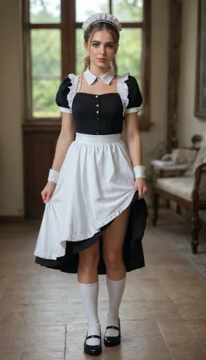 Beautiful young woman, elegant European features, fair porcelain skin, oval face, high cheekbones, soft jawline, delicate straight nose, full natural lips with a subtle smile, light blue-grey eyes, long eyelashes, thin well-groomed eyebrows, ((blonde hair)), with warm golden tones, center-parted hairstyle, loose strands framing the face, hair gathered into a neat low updo. Sophisticated and graceful appearance, refined feminine features, photorealistic skin texture, natural makeup, soft blush, subtle pink lipstick., (Wearing a classic black maid uniform), with a crisp white apron, white collar, short sleeves with white cuffs, (((traditional white maid headpiece 1.6))), . Holding a feather duster. Standing in a luxurious vintage hotel corridor with polished wooden panels, antique furniture, warm ambient lighting, cinematic atmosphere.
Medium portrait shot, direct eye contact, relaxed posture, confident gentle expression. Ultra-realistic photography, shallow depth of field, soft natural lighting from large windows, highly detailed face, realistic hair strands, professional portrait, 85mm lens, bokeh background, masterpiece, ultra detailed, photorealistic, HDR, 8k., ((Standing full length in white long socks with black shoes 1.7)), and a, (((lifted dress 1.8))), ((Holds the front of the dress with her hand)), (((We see her white panties, the panties have come down 1.9)))