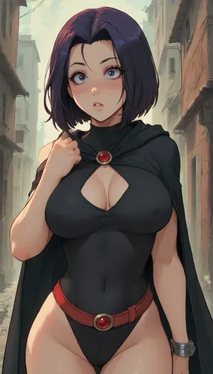 (((Melkor mancin mix markgavatino mix cutesexyrobutts style))), reiq style, masterpiece, super ultra detailed, super high resolution, (perfect small details, perfect quality, ultra perfect quality, perfect detailing), lora, add-detail-xl, 2, front view, (raven from teen-titans:1.2), black cape, black onepiece swimsuit, in steam punk dark alley, jewelry belt, (big round natural saggy boobs:1.3), (shocked, surprised, embarrassed, blushing:1), (grey skin), she puts her hands behind her, middle cleavage, (intense blushing), extreme wide eyes, (unusual, pupils), perfect anatomy, big hips, thin waist, perfect face, negativeXL_D, ttrvn, character, <lora:Tsune_XL:2>, <lora:EnvyPastelAnimeXL01:2>, <lora:EnvyStylizedXL01:2>