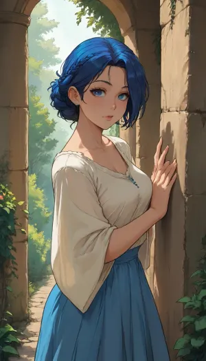 (((Melkor mancin mix markgavatino mix cutesexyrobutts style))), reiq style, masterpiece, super ultra detailed, super high resolution, (perfect small details, perfect quality, ultra perfect quality, perfect detailing), lora, add-detail-xl, 2, front view, stunning arabic long blue hair with braid in white medieval tunic and blue skirt, her back is against a ruined wall of a temple overgrown with greenery and flowers, (big round saggy natural boobs), dark light, (dark skin), galaxy in eyes, (unusual, pupils), (glowing, eyes), negativeXL_D, <lora:Tsune_XL:2>, <lora:EnvyPastelAnimeXL01:2>, <lora:EnvyBetterHiresFixXL01:1.2>, <lora:EnvyStylizedXL01:2>