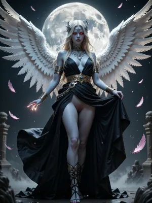 A divine angelic female figure with pale blue skin and long flowing blonde hair adorned with intricate silver jewelry and red glowing eyes. She wears a flowing, black Grecian-style gown with a golden belt and golden armbands. Her left hand is outstretched, glowing faintly, while her right hand is lifting up the front of the dress. Her blonde pubic hair, and detailed labia are visible, She possesses large, feathered white wings spread wide. She wears tall, strappy black sandals.

A night sky, dominated by a massive, detailed full moon. Several delicate pink feathers are depicted drifting in the air around her.

High-fantasy digital photography. The photorealistic style evokes epic fantasy with elements of classical sculpture and divine imagery. The color palette is dominated by the shimmering black of the gown, contrasted with the cool blue of the skin and the pristine white of the wings, against a muted, atmospheric background.

Soft, diffused light emanates from above and slightly to the front, highlighting the subject's features and the textures of her wings and gown. Subtle rim lighting defines her form against the darker background. The light catches the metallic elements of her accessories and the feathers, creating a luminous, otherworldly glow.

A dramatic, slightly low-angle shot that emphasizes the grandeur of the angelic figure. The subject is centrally framed, with her expansive wings filling a significant portion of the upper frame. The composition uses leading lines from the flowing fabric and the angle of the wings to draw the viewer's eye towards her. The depth of field is shallow, with the foreground subject in sharp focus and the background elements softly blurred.