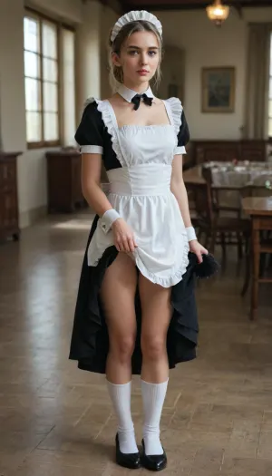 Beautiful young woman, elegant European features, fair porcelain skin, oval face, high cheekbones, soft jawline, delicate straight nose, full natural lips with a subtle smile, light blue-grey eyes, long eyelashes, thin well-groomed eyebrows, ((blonde hair)), with warm golden tones, center-parted hairstyle, loose strands framing the face, hair gathered into a neat low updo. Sophisticated and graceful appearance, refined feminine features, photorealistic skin texture, natural makeup, soft blush, subtle pink lipstick., (Wearing a classic black maid uniform), with a crisp white apron, white collar, short sleeves with white cuffs, (((traditional white maid headpiece 1.6))), . Holding a feather duster. Standing in a luxurious vintage hotel corridor with polished wooden panels, antique furniture, warm ambient lighting, cinematic atmosphere.
Medium portrait shot, direct eye contact, relaxed posture, confident gentle expression. Ultra-realistic photography, shallow depth of field, soft natural lighting from large windows, highly detailed face, realistic hair strands, professional portrait, 85mm lens, bokeh background, masterpiece, ultra detailed, photorealistic, HDR, 8k., ((Standing full length in white long socks with black shoes 1.7)), and a, (((lifted dress 1.8))), ((Holds the front of the dress with her hand)), (((We can see her white panties)), (((the panties have come down 1.9))))