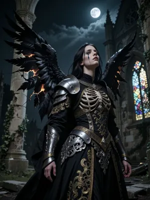 A masterful, dark, and melancholic Gothic medium close-up portrait of a fallen black angel stands at the center of a ruined, roofless Gothic cathedral beneath a dramatic night sky. Her expression, both powerful and sorrowful, is pierced by a thin obsidian tear that runs down her pale cheek. Her massive, damaged wings reveal burnt, torn, charcoal-colored feathers and exposed bone structure. Her garments evoke faded grandeur, a brocade robe embroidered with tarnished gold and fragments of armor in corroded silver filigree. Her haunting, expressive gaze is slightly raised to the heavens. In the background, crumbling stone pillars are draped in ivy, and shattered stained-glass windows catch the pale moonlight. A dramatic chiaroscuro creates a striking contrast between the deep shadows and the moonlight illuminating her face. The anatomy of the face and body is impeccable, the focus is perfect, the cinematic texture is of high quality, with a wealth of detail in the stone and fabrics. The photograph was shot on 35mm film with deep blacks.