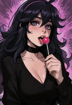((Melkor mancin meet markgavatino style)), (purple background psychedelic abstract), (reiq style), ratatatat74, hex maniac from Pokemon, solo, large breasts, licking lollipop, <lora:LCMTurboMix_Euler_A_fix:1.1>, <lora:ratatatat74-000050:1.1>, <lora:EnvyAnimeDigitalPaintingXL01:1.1>, <lora:SDXLSamDoesArts:1.1>